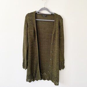 BCBGMaxazria olive green long sleeve tunic lace cutout cardigan sweater